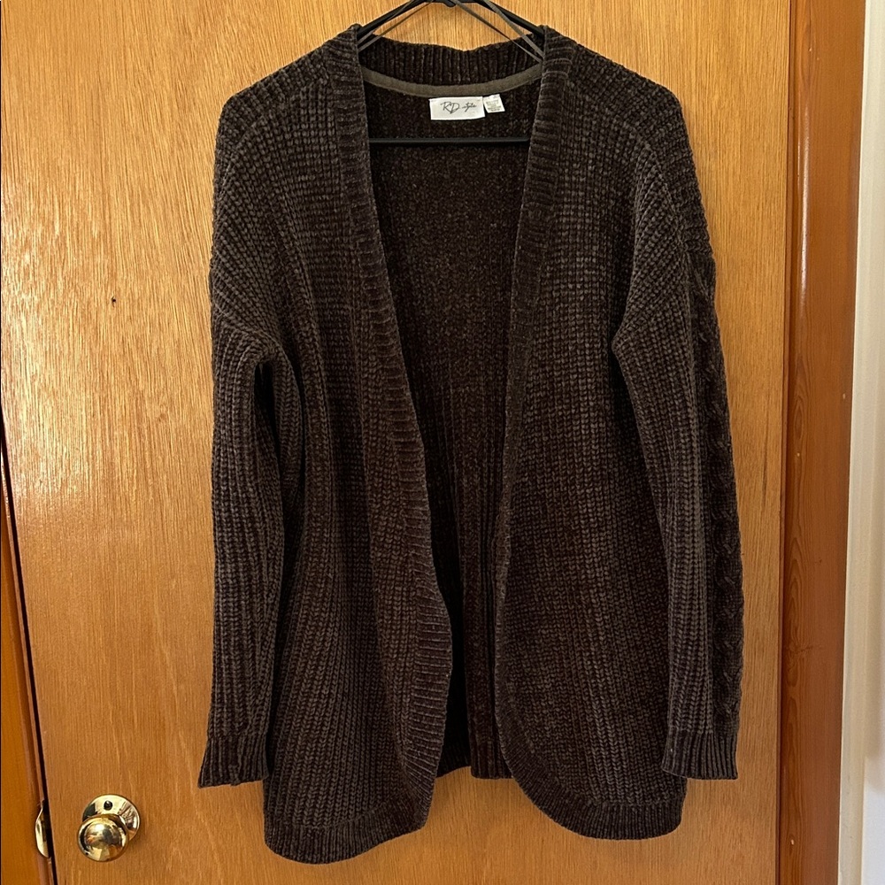 Moss Green Chenille Cardigan with Cable Detail on Arms